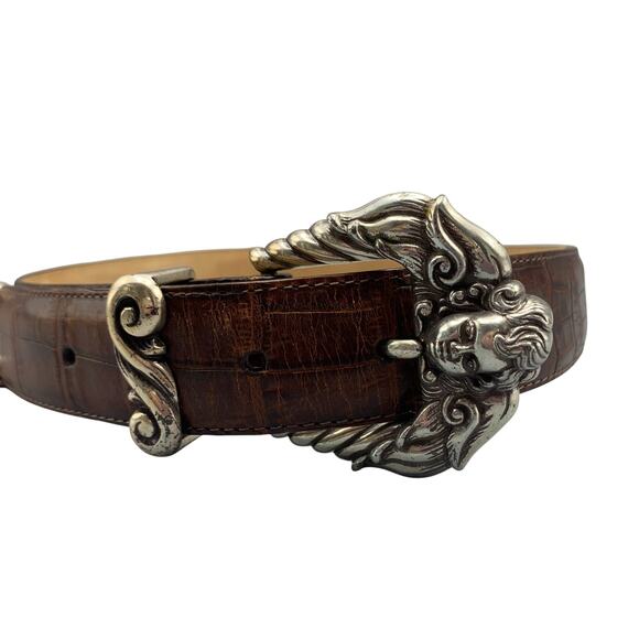 Brighton Accessories - Brighton Cherub Angel Buckle Belt Size M 1995 Brown Leather Ornate Silver Croc
